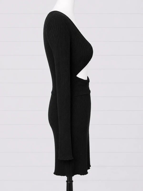 Disturbia UK 14 Black Ribbed Cut Out Mini Dress Gothic Alternative Long Sleeve Bodycon