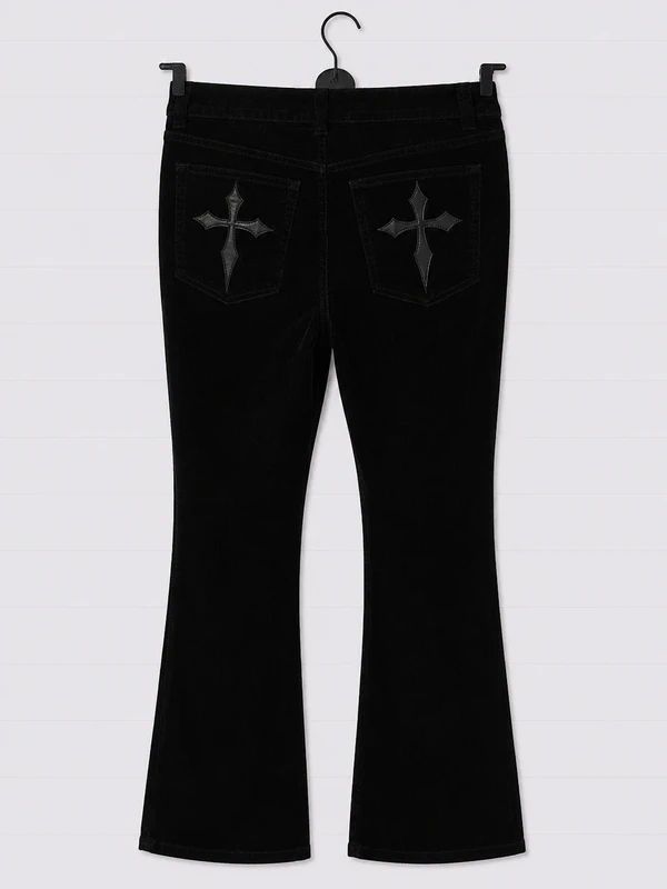 Killstar Gothic Cross Pocket Black Cord Flared Trousers UK 12 Velvet Grunge Emo Bootcut