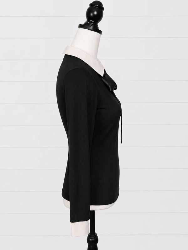 Killstar XS Black Contrast Collar Bow Tie Ribbon Long Sleeve Blouse Gothic Witchy Alternative Top