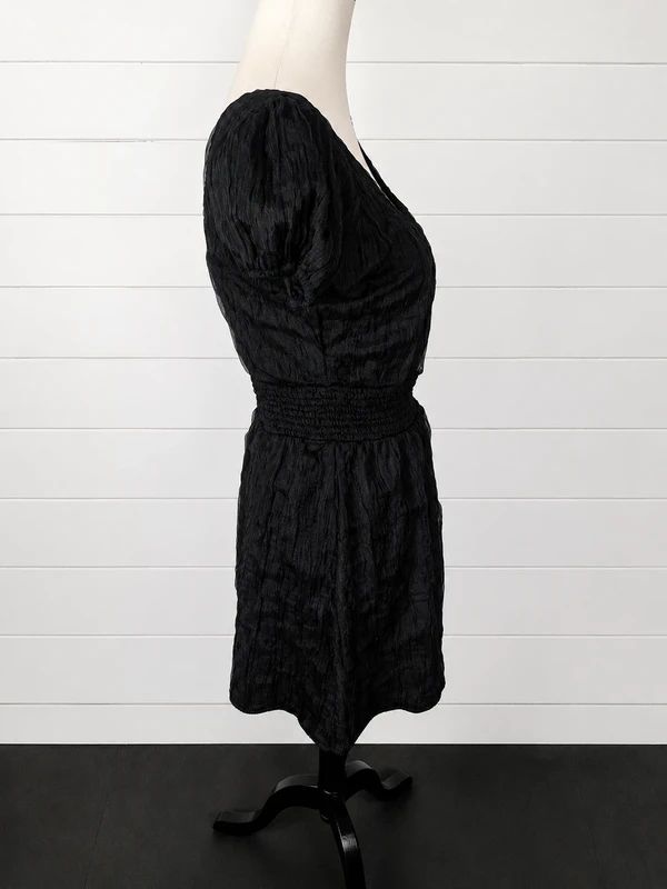 Disturbia UK 8 Black Textured Puff Sleeve Mini Dress Gothic Dark Academia Smocked Babydoll