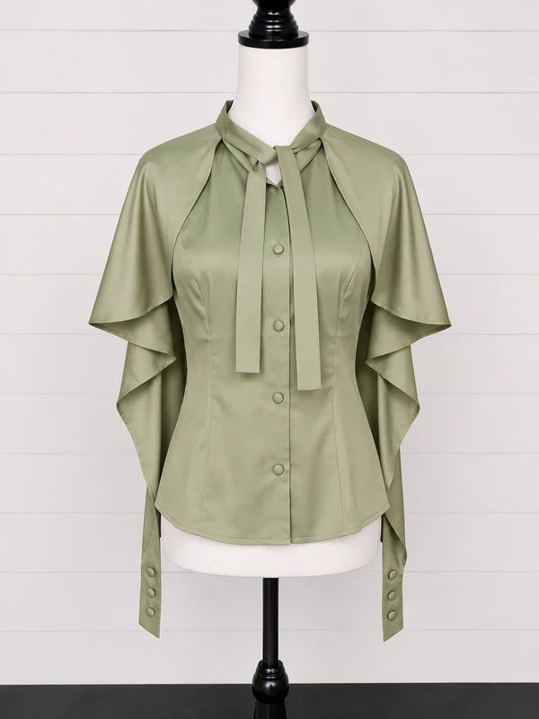 Voodoo Vixen BNWT UK 8 Sage Green Satin Pussybow Cape Sleeve Blouse Vintage Glam