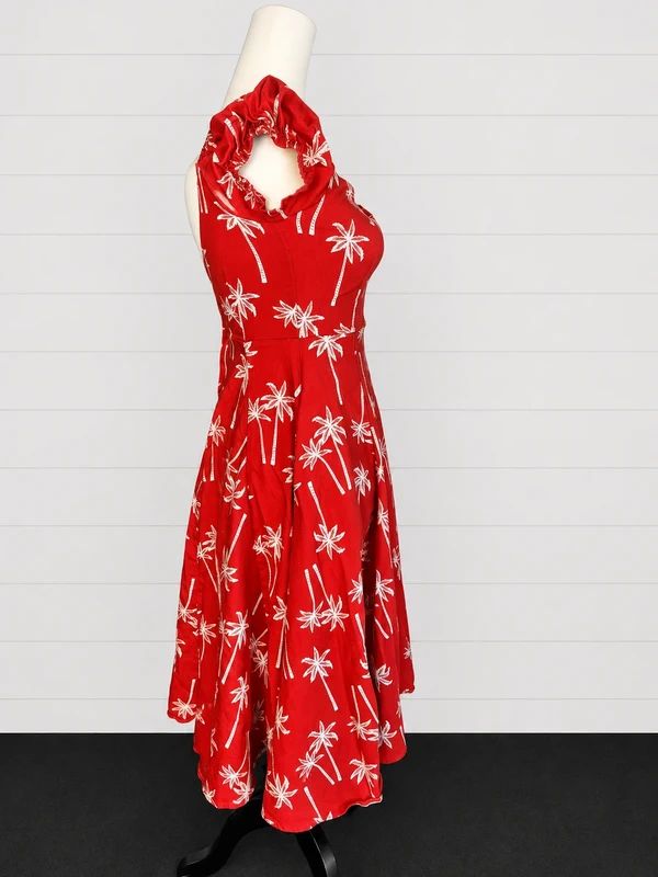 Collectif UK 8 Red Palm Print Rockabilly Fit & Flare Midi Dress Tropical