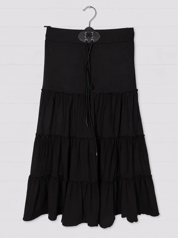 Gothicana by EMP Black Tiered Maxi Skirt Size L UK 14/16 Gothic Boho Witchy Lace Up