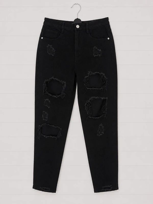 Missguided Black Distressed Mom Jeans UK 8 Long BNWT High Rise Denim