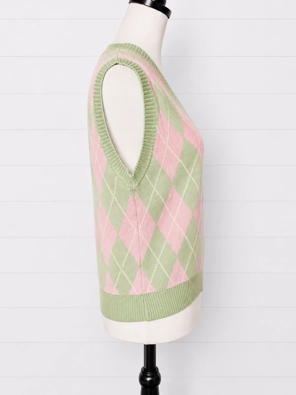 Minga London Size S Pink Green Argyle Sweater Vest 100% Cotton Preppy Indie Y2K