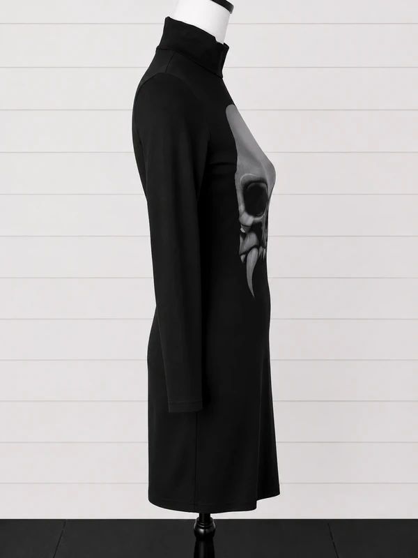 Necessary Evil Size S Black Skull Graphic High Neck Bodycon Mini Dress Gothic Alternative