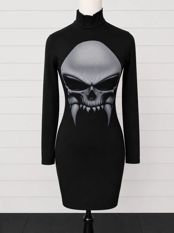 Necessary Evil Size S Black Skull Graphic High Neck Bodycon Mini Dress Gothic Alternative