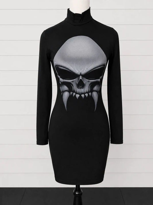 Necessary Evil Size S Black Skull Graphic High Neck Bodycon Mini Dress Gothic Alternative