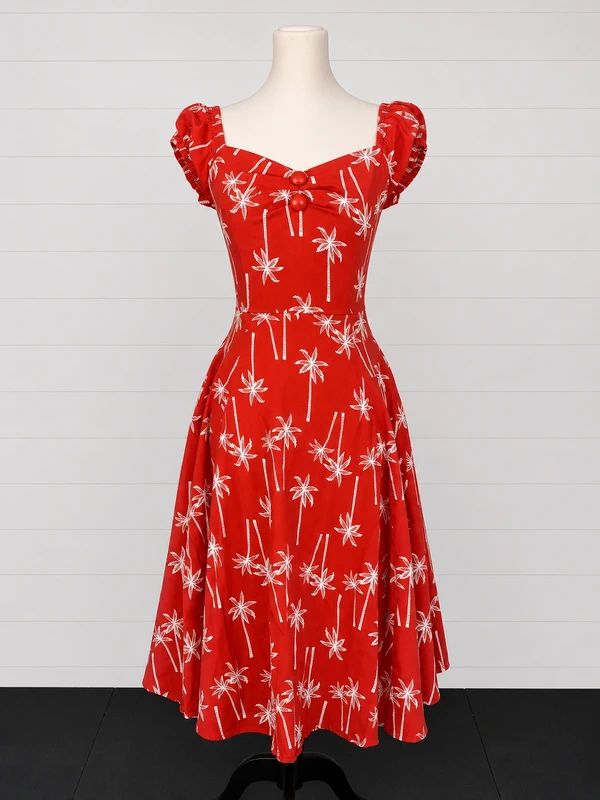 Collectif UK 8 Red Palm Print Rockabilly Fit & Flare Midi Dress Tropical