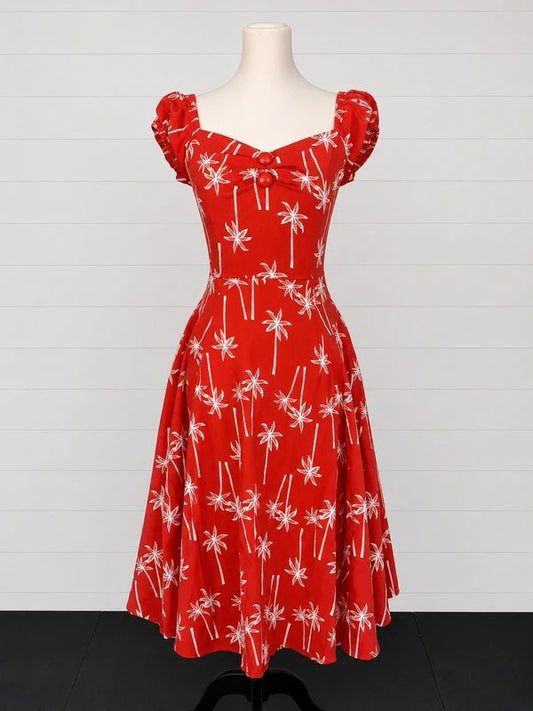 Collectif UK 8 Red Palm Print Rockabilly Fit & Flare Midi Dress Tropical