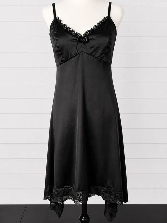 Killstar Black Satin Lace Slip Midi Dress Size M UK 10/12 Gothic Witchy Cami Nightwear Goth