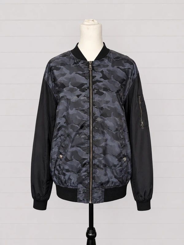 Civil Sektor Mens Camo Bomber Jacket Size L Black Grey Lightweight Streetwear