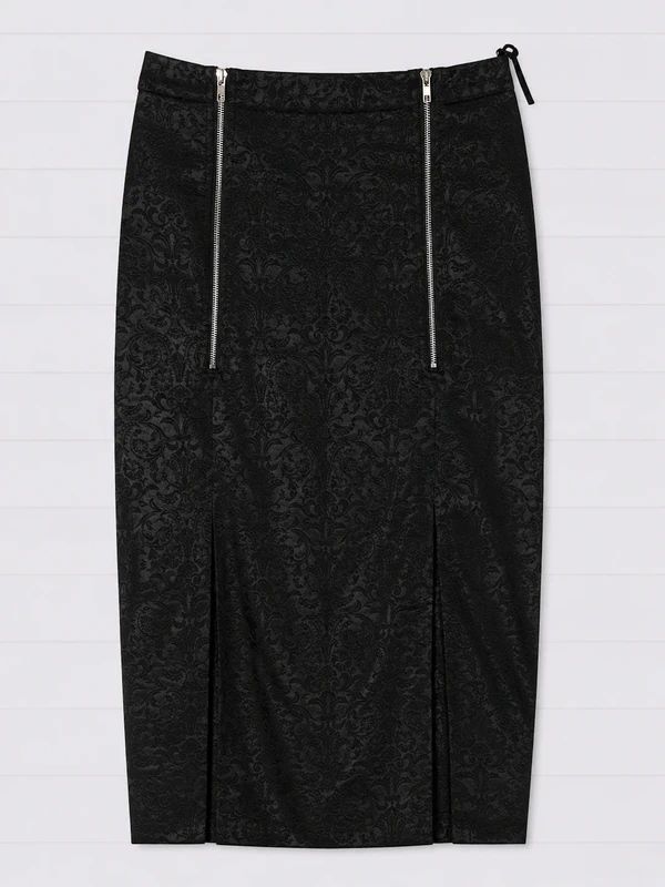 Banned Alternative Black Damask Gothic Pencil Midi Skirt Size XS UK 8 Zip Detail Witchy Alt