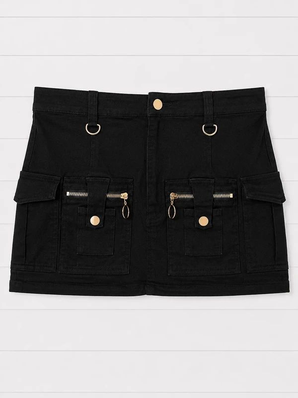 Damaged Society Black Cargo Mini Skirt Size M UK 12 Utility Y2K Low Rise Grunge Gothic Zip Pocket