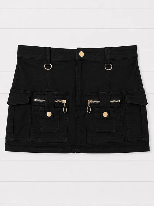 Damaged Society Black Cargo Mini Skirt Size M UK 12 Utility Y2K Low Rise Grunge Gothic Zip Pocket