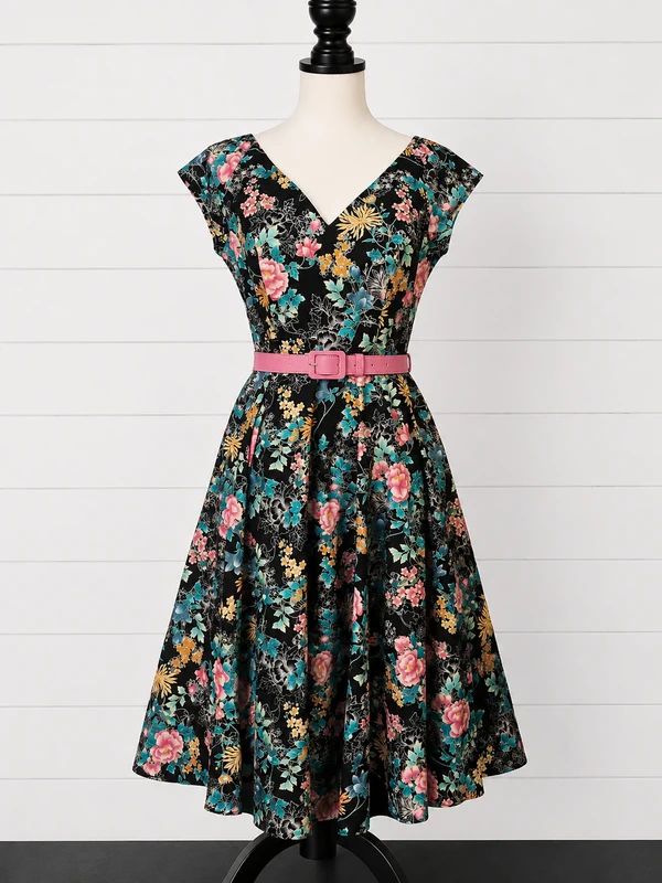 Hell Bunny Umi Midi Dress Black Floral Retro Rockabilly Fit & Flare Tea Dress UK 10/12