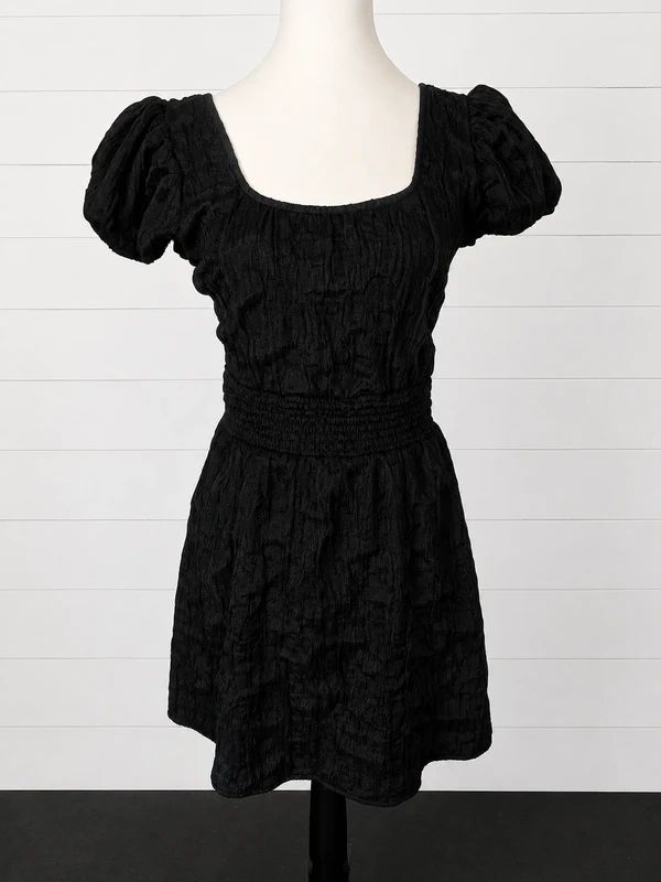 Disturbia UK 8 Black Textured Puff Sleeve Mini Dress Gothic Dark Academia Smocked Babydoll