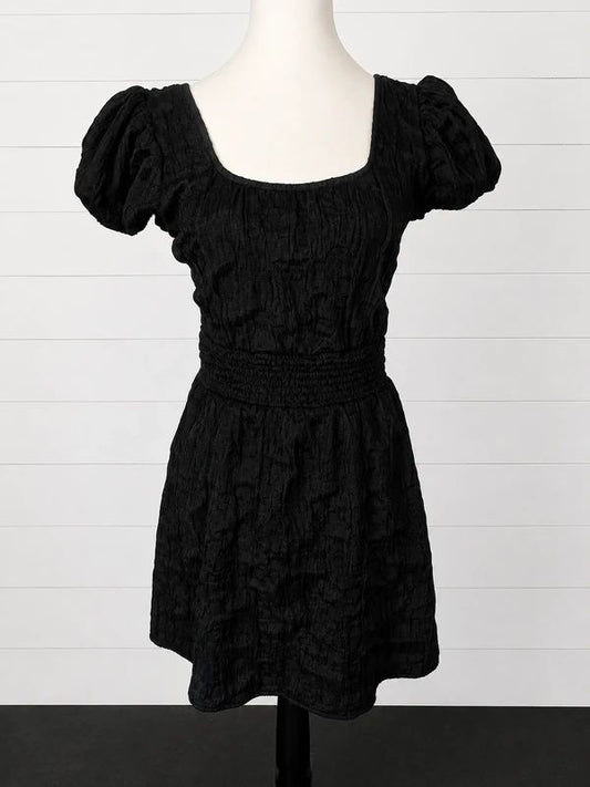 Disturbia UK 8 Black Textured Puff Sleeve Mini Dress Gothic Dark Academia Smocked Babydoll