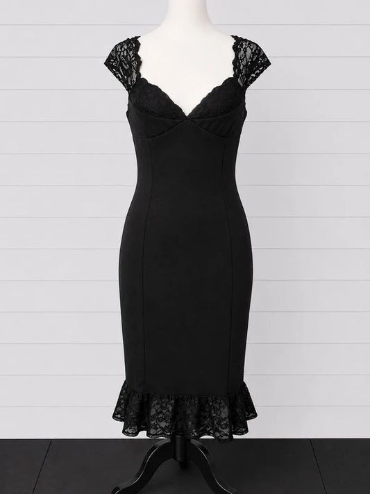 Lindy Bop BNWT UK 14 Black Lace Sleeve Wiggle Midi Dress Vintage Pin Up Gothic Occasion