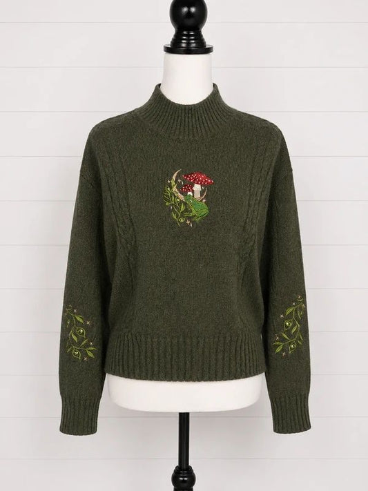 Disturbia Size S / UK 10/12 Dark Green Frog Mushroom Embroidered Mock Neck Cottagecore Gothic Jumper