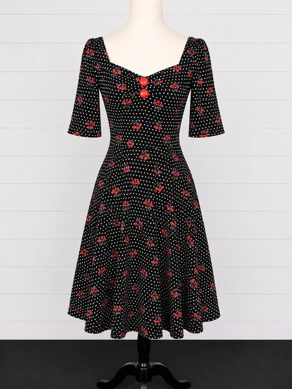 Collectif UK 8 Black Cherry Polka Dot Rockabilly Fit & Flare Midi Dress