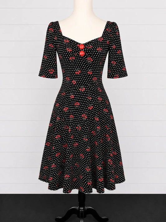 Collectif UK 8 Black Cherry Polka Dot Rockabilly Fit & Flare Midi Dress