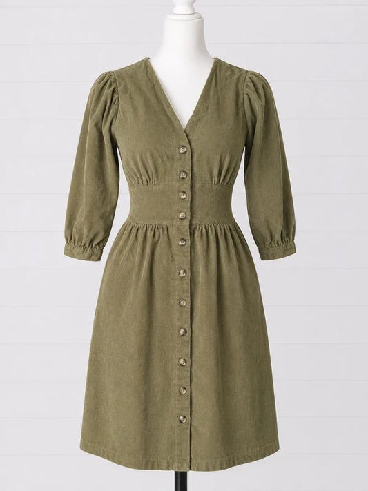 Joanie UK 8 Olive Green Corduroy Button Front Midi Dress Cottagecore Vintage Style