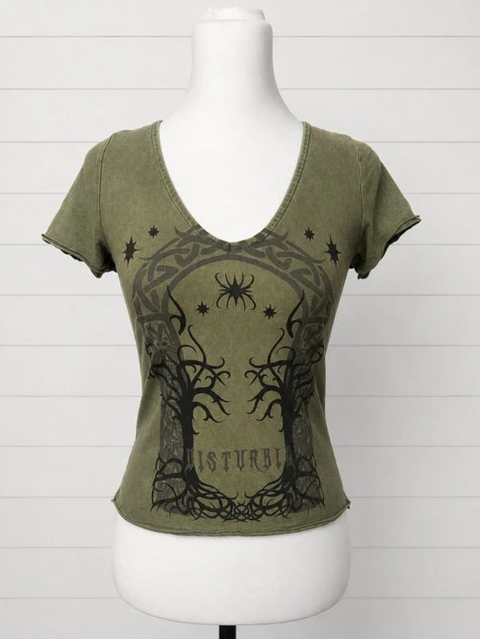 Disturbia UK 8 Olive Green Gothic Spider Graphic Scoop Neck Baby Tee Alternative Grunge Top