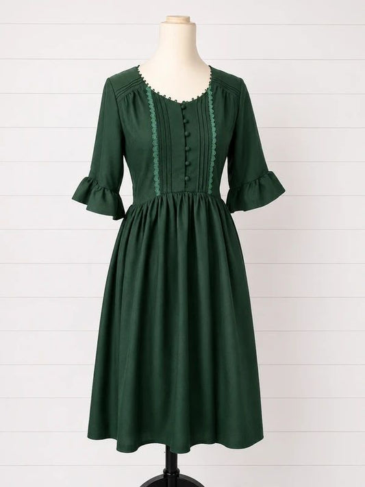 Lindy Bop Green Vintage Inspired Midi Dress UK 10 Cottagecore Dark Academia Tea Dress