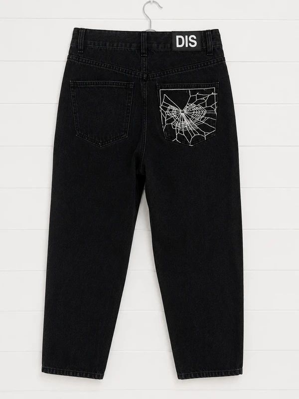 Disturbia UK 8/10 Black Spider Web Mom Jeans High Rise Gothic Alt Denim W27