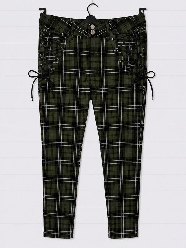 Killstar Dark Canopy Plaid Trousers Size S UK 8/10 High Rise Gothic Tartan Lace Up Skinny Pants