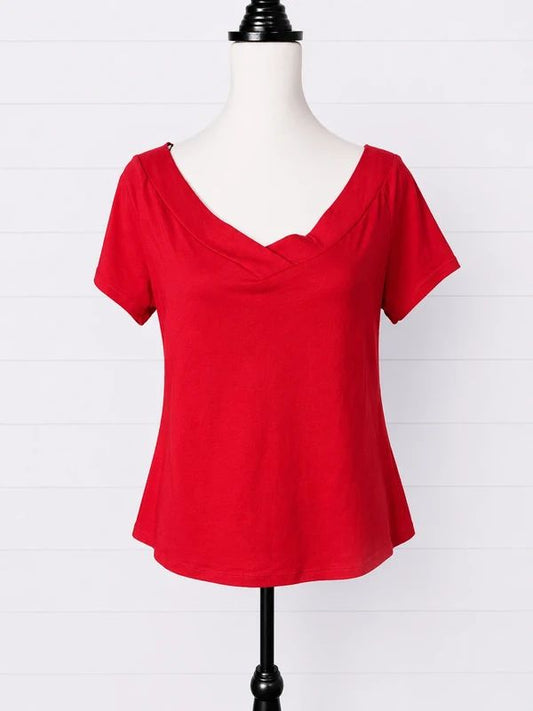 Hell Bunny Size 2XL Red V-Neck Soft Stretch Top Short Sleeve Retro Basic Tee UK 18