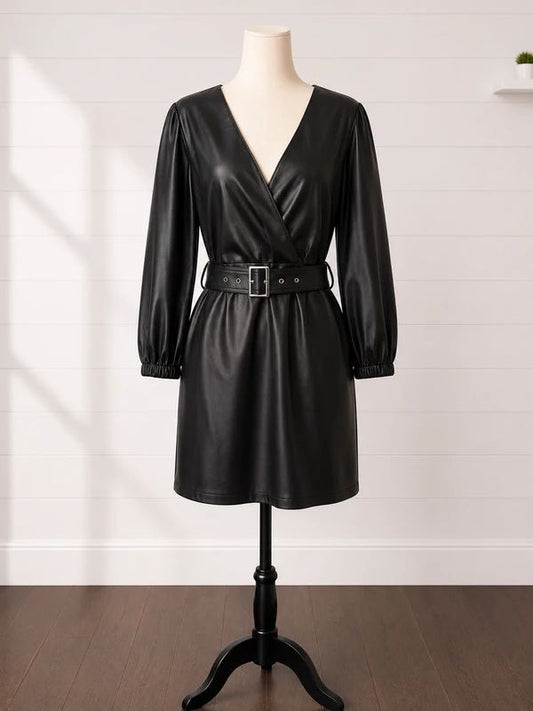 Lipsy London UK 14 Black Faux Leather Belted Mini Dress Party Going Out