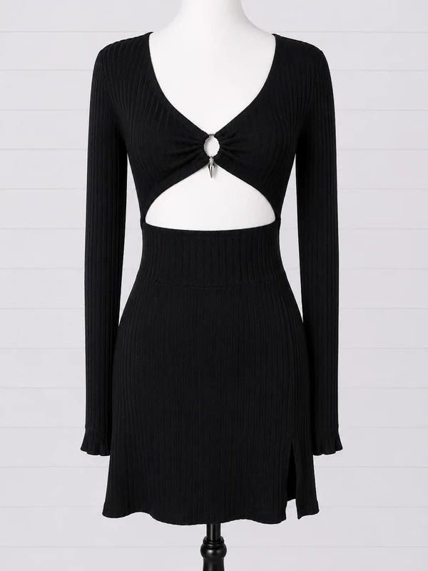 Disturbia UK 14 Black Ribbed Cut Out Mini Dress Gothic Alternative Long Sleeve Bodycon