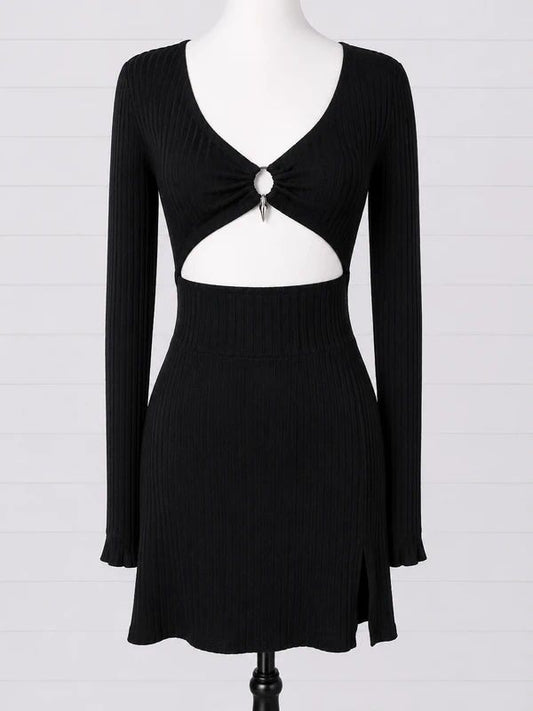 Disturbia UK 14 Black Ribbed Cut Out Mini Dress Gothic Alternative Long Sleeve Bodycon