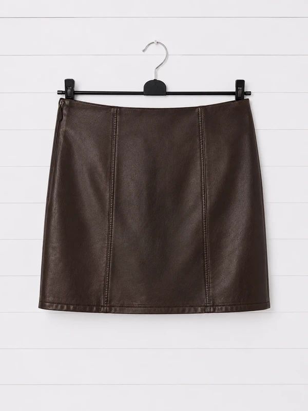 Next Bronze Faux Leather Mini Skirt UK 12 Long Y2K Metallic Party Gothic