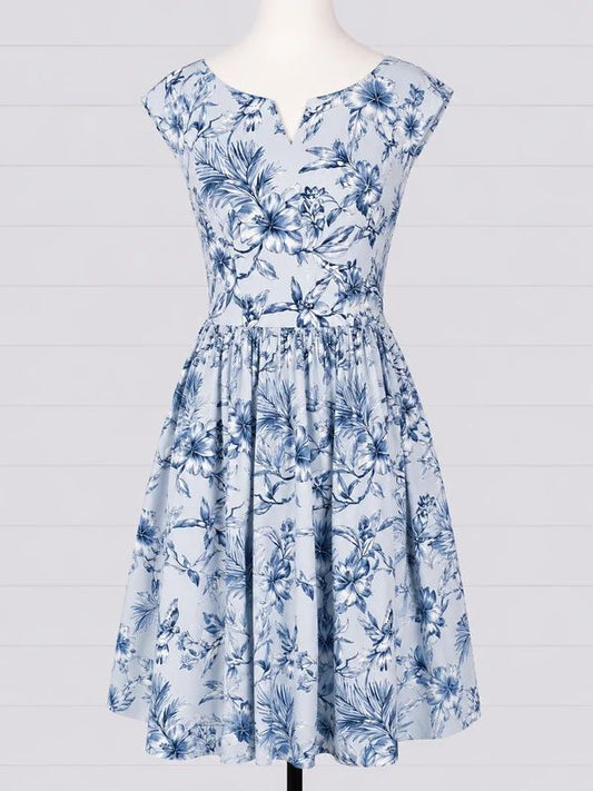 Hell Bunny Blue Floral Rockabilly Swing Midi Dress UK 8 XS Vintage Pin Up Tea Dress