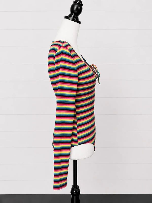 Jawbreaker Gaze BNWT UK 8 Rainbow Stripe Ribbed Tie Front Bodysuit Y2K Alt Grunge
