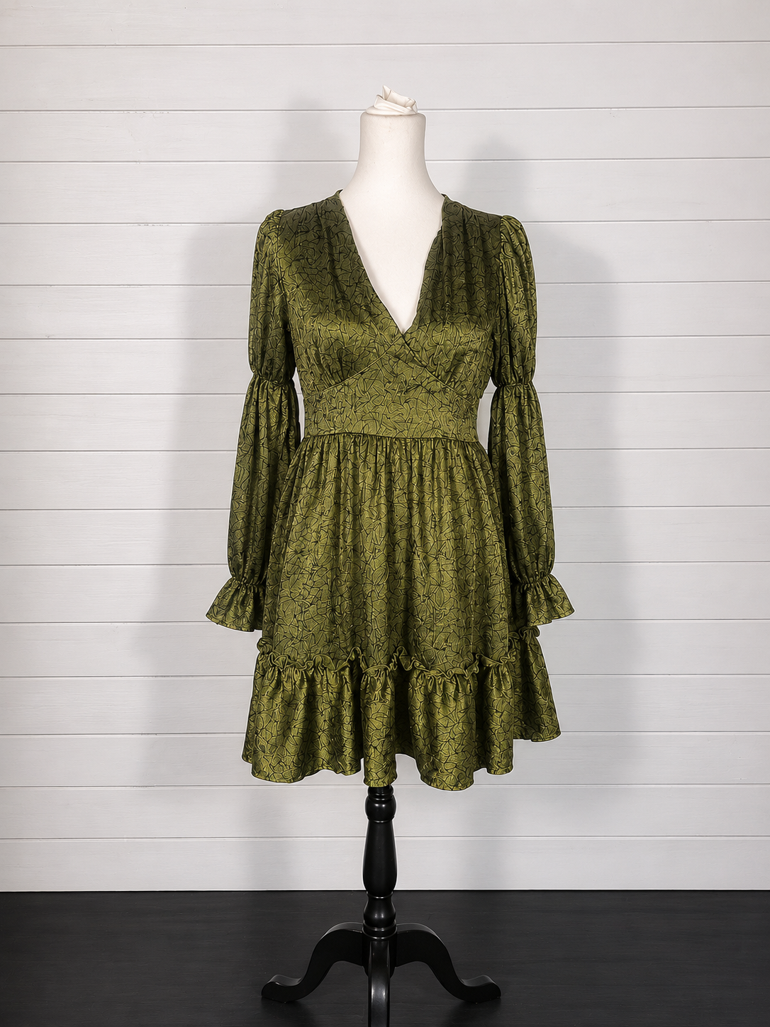 Disturbia Green Gothic Jacquard Ruffle Smock Mini Dress UK 8