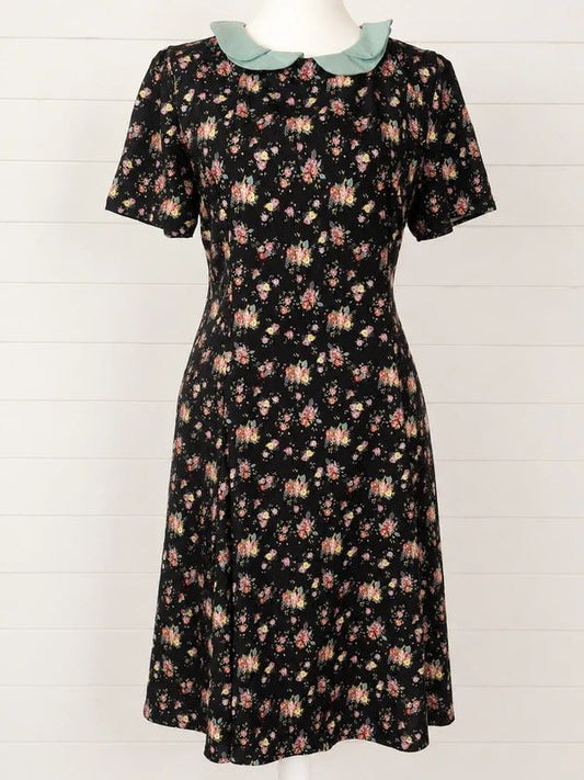 Lindy Bop Brianne Black Vintage Rose Floral Tea Dress UK 18 Retro Cottagecore