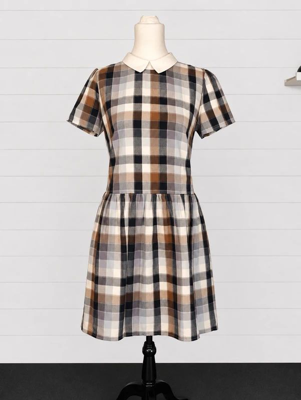 River Island UK 14 Checked Peter Pan Collar Smock Mini Dress Preppy Academia