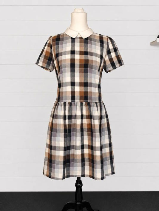River Island UK 14 Checked Peter Pan Collar Smock Mini Dress Preppy Academia