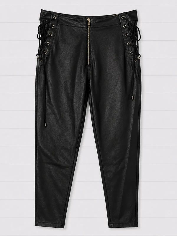 Disturbia Black Faux Leather Lace Up Trousers UK 10 High Rise Gothic Alt Biker Skinny Pants