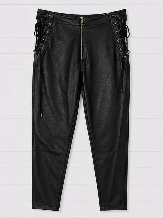 Disturbia Black Faux Leather Lace Up Trousers UK 10 High Rise Gothic Alt Biker Skinny Pants