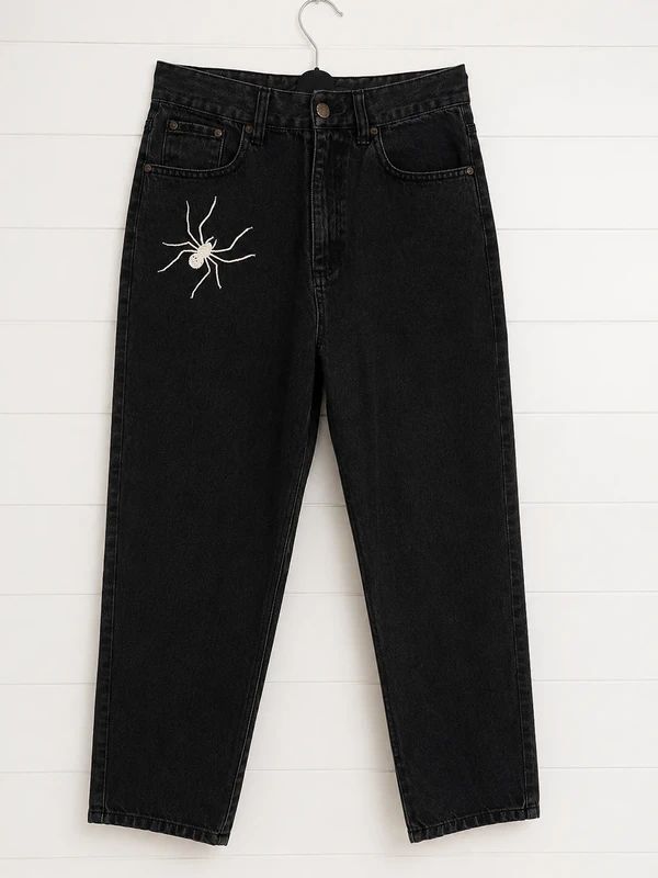 Disturbia UK 8/10 Black Spider Web Mom Jeans High Rise Gothic Alt Denim W27