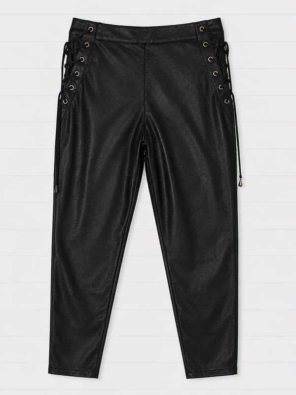 Disturbia Black Faux Leather Lace Up Trousers UK 10 High Rise Gothic Alt Biker Skinny Pants
