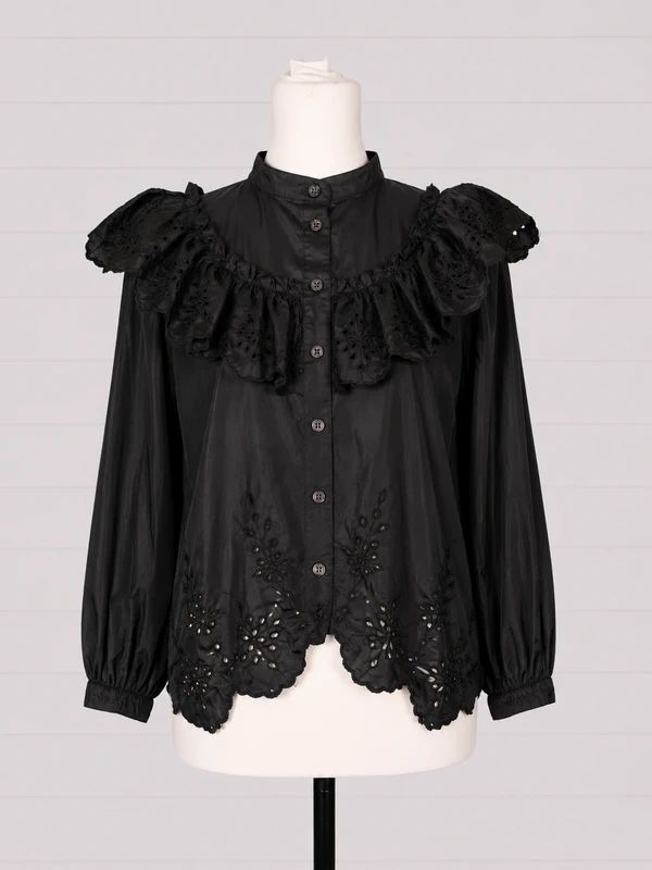 Topshop Black Ruffle Broderie Blouse UK 10 Gothic Romantic Victorian Sheer Top