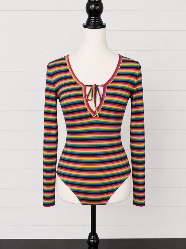 Jawbreaker Gaze BNWT UK 8 Rainbow Stripe Ribbed Tie Front Bodysuit Y2K Alt Grunge