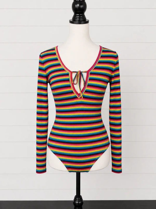 Jawbreaker Gaze BNWT UK 8 Rainbow Stripe Ribbed Tie Front Bodysuit Y2K Alt Grunge