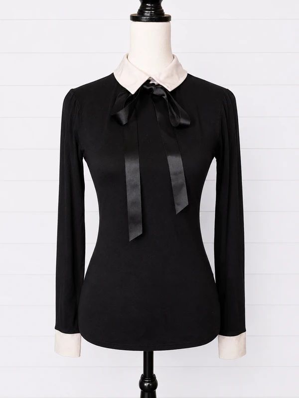 Killstar XS Black Contrast Collar Bow Tie Ribbon Long Sleeve Blouse Gothic Witchy Alternative Top